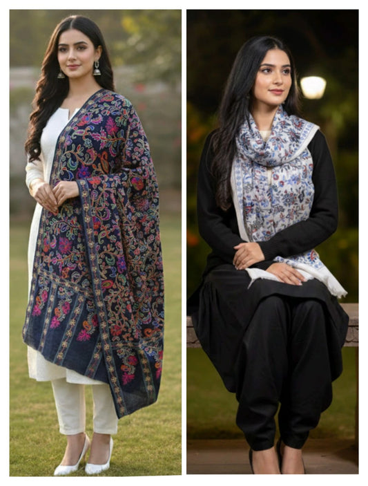 Fine Wool Kalamkari Shawl Combo | Back & White