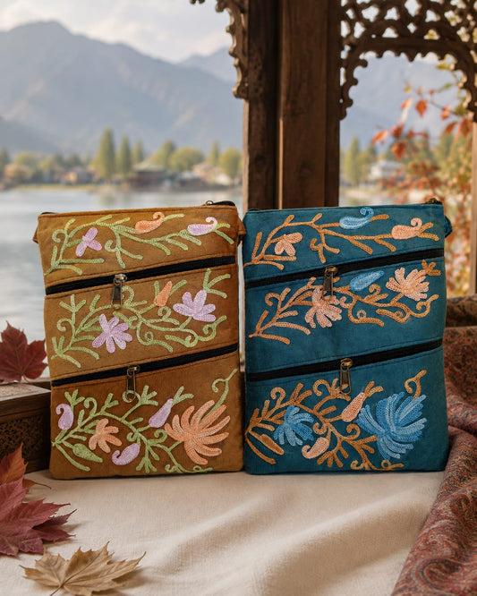 Kashmiri Aari Embroidered Sling Bag | 4 Zipper Compartments | Elegant Set of 2 | Biscuit Brown & Teel Green