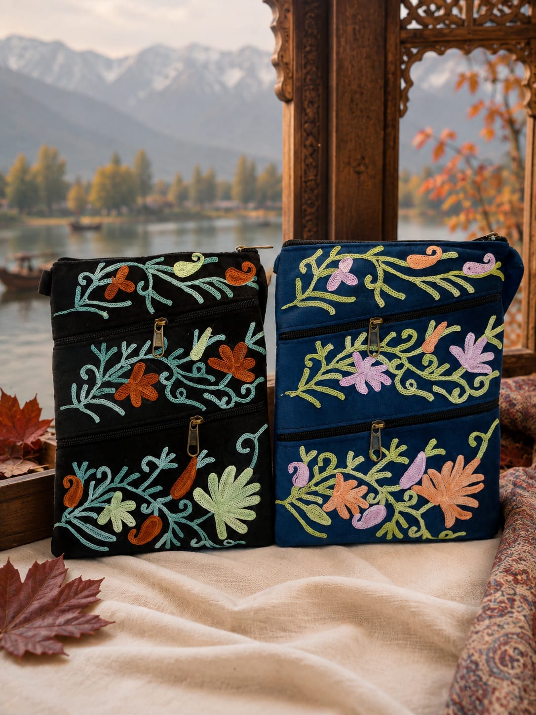Kashmiri Aari Embroidered Sling Bag | 4 Zipper Compartments | Elegant Set of 2 | Royal Black & Midnight Blue