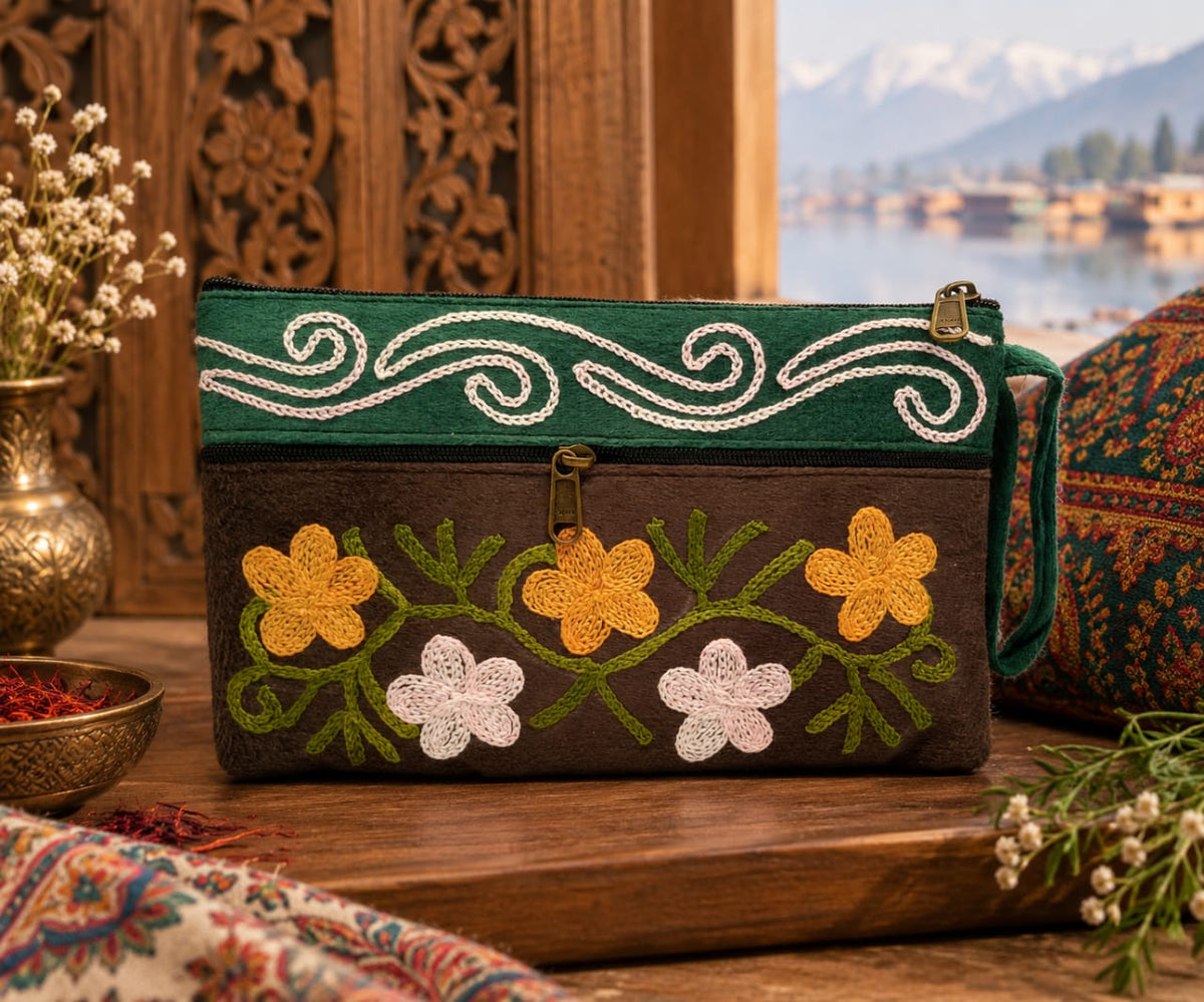 Elegant Velvet Kashmiri Embroidered Utility Pouch / Wristlet | Deep Chocolate & Teal Green