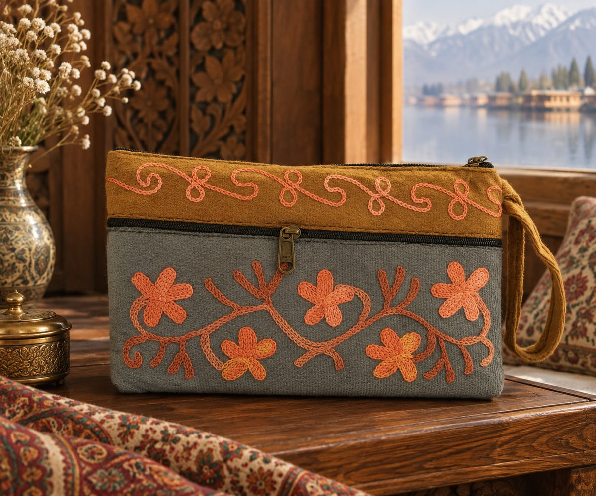 Elegant Velvet Kashmiri Embroidered Utility Pouch / Wristlet | Grey & Camel