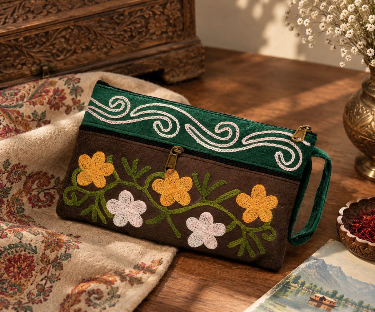 Elegant Velvet Kashmiri Embroidered Utility Pouch / Wristlet | Deep Chocolate & Teal Green