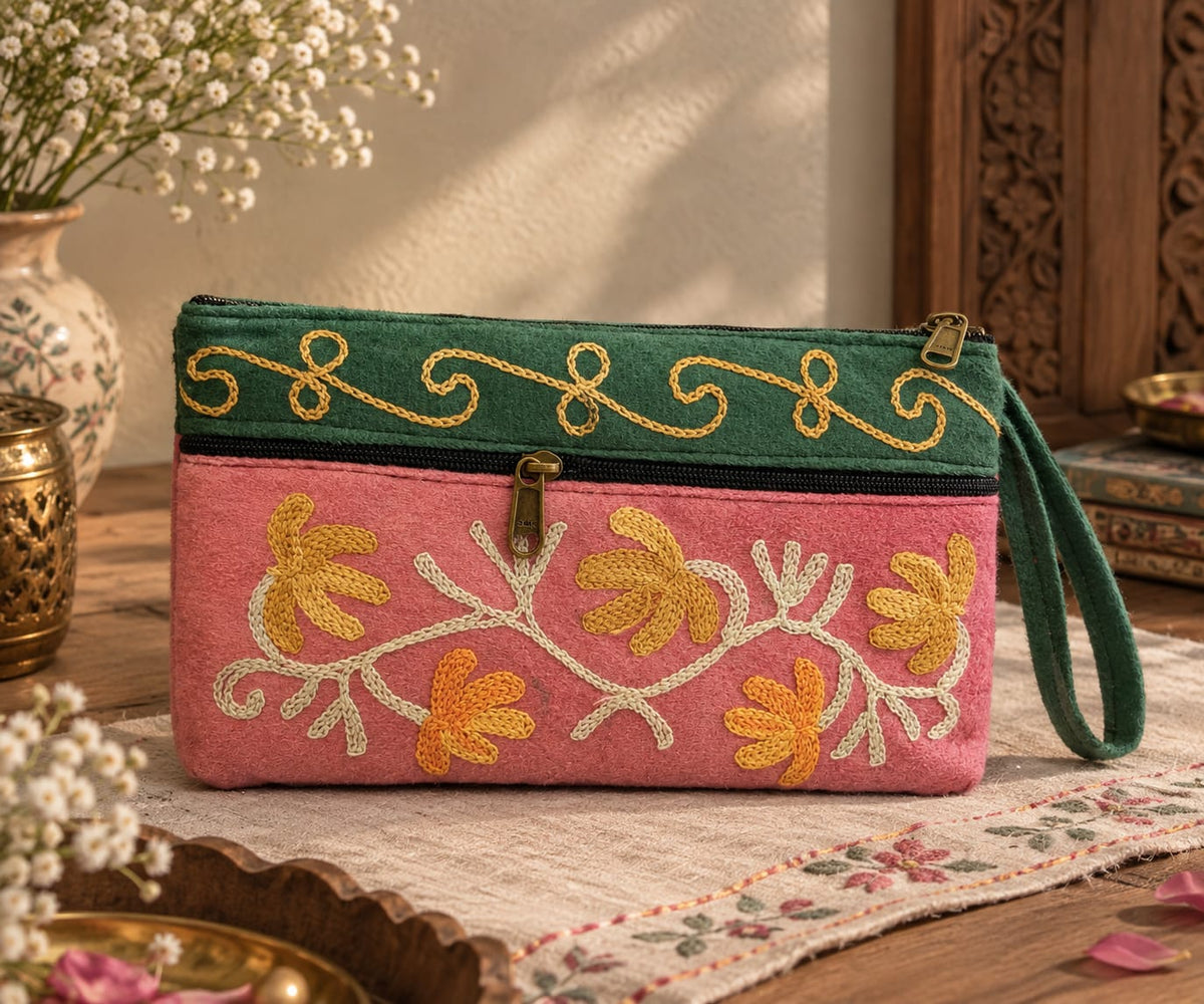 Elegant Velvet Kashmiri Embroidered Utility Pouch / Wristlet | Pink & Sage Green