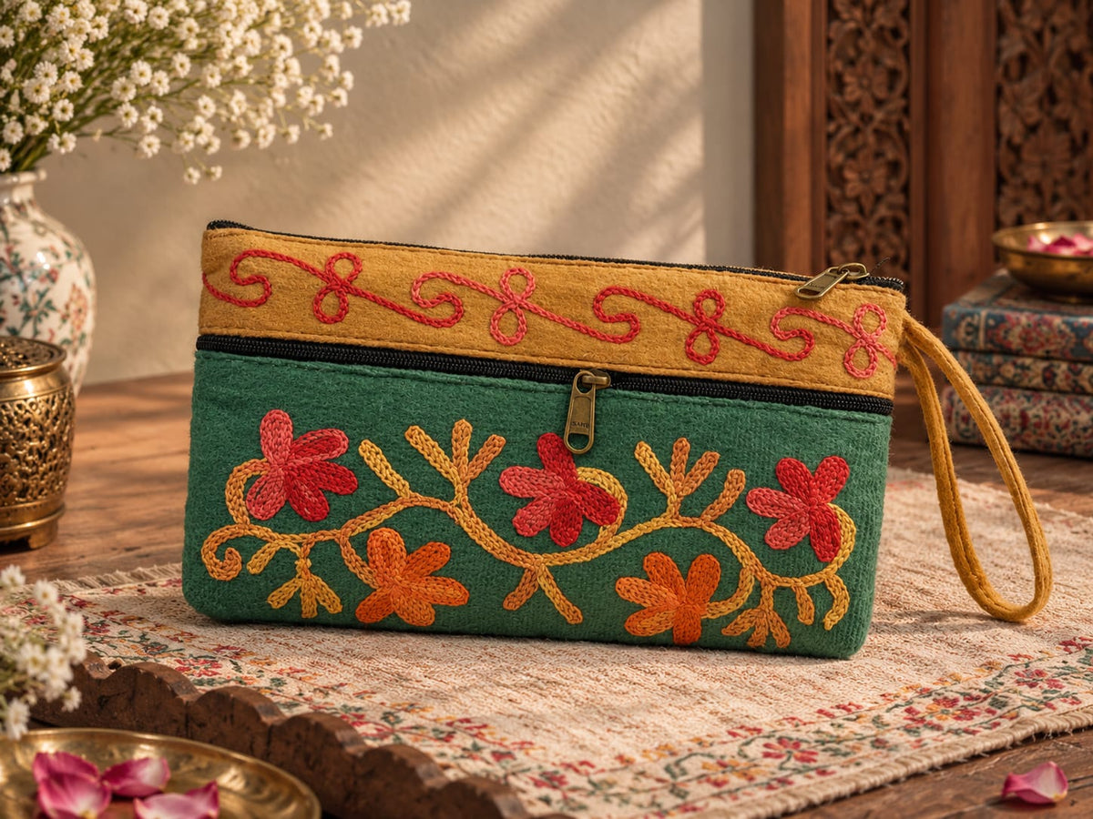 Elegant Velvet Kashmiri Embroidered Utility Pouch / Wristlet | Biscuit & sage Green