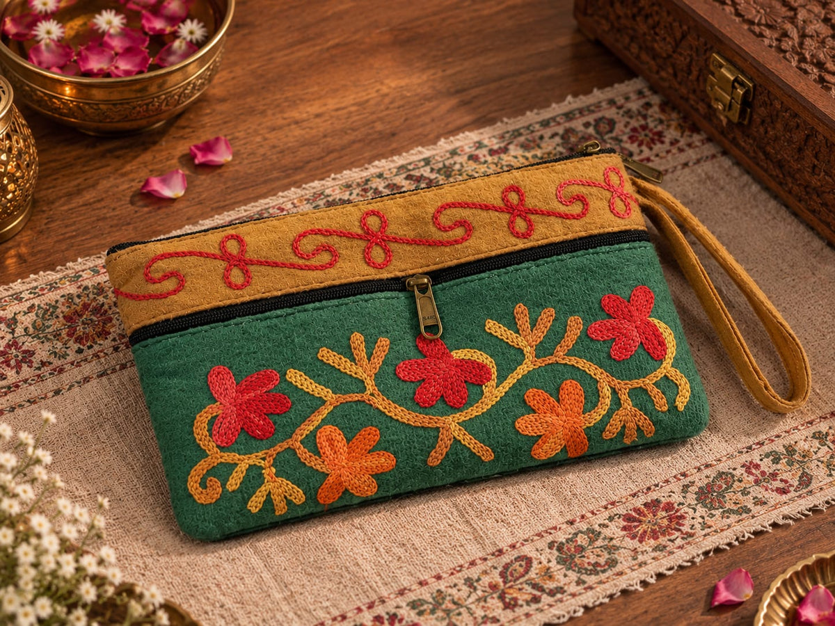 Elegant Velvet Kashmiri Embroidered Utility Pouch / Wristlet | Biscuit & sage Green
