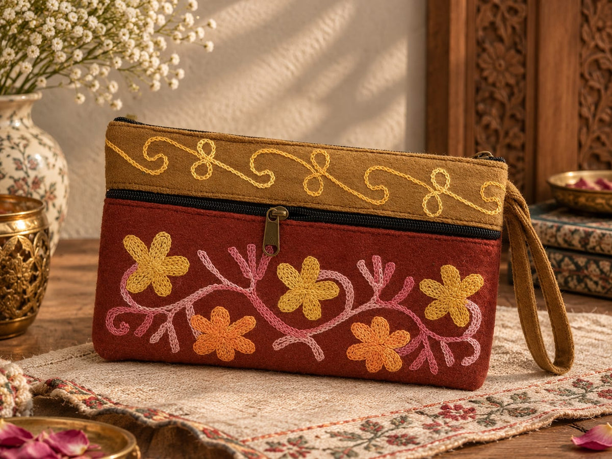 Elegant Velvet Kashmiri Embroidered Utility Pouch / Wristlet | Maroon & Camel