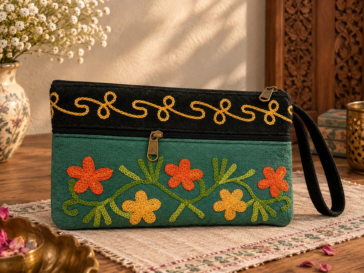 Elegant Velvet Kashmiri Embroidered Utility Pouch / Wristlet | Pine Green & black