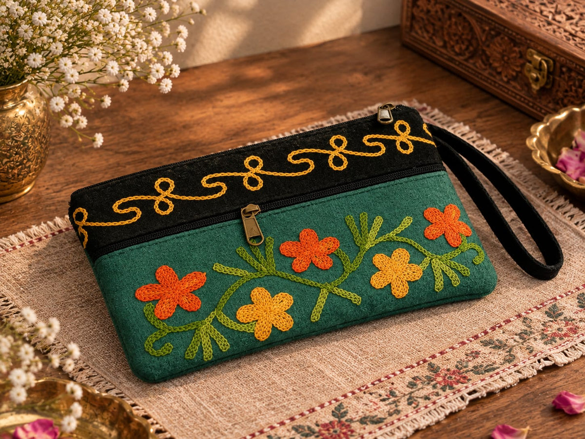 Elegant Velvet Kashmiri Embroidered Utility Pouch / Wristlet | Pine Green & black