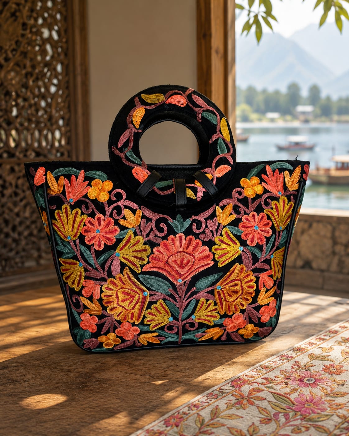 Kashmiri Floral Elegance Handbag | Black