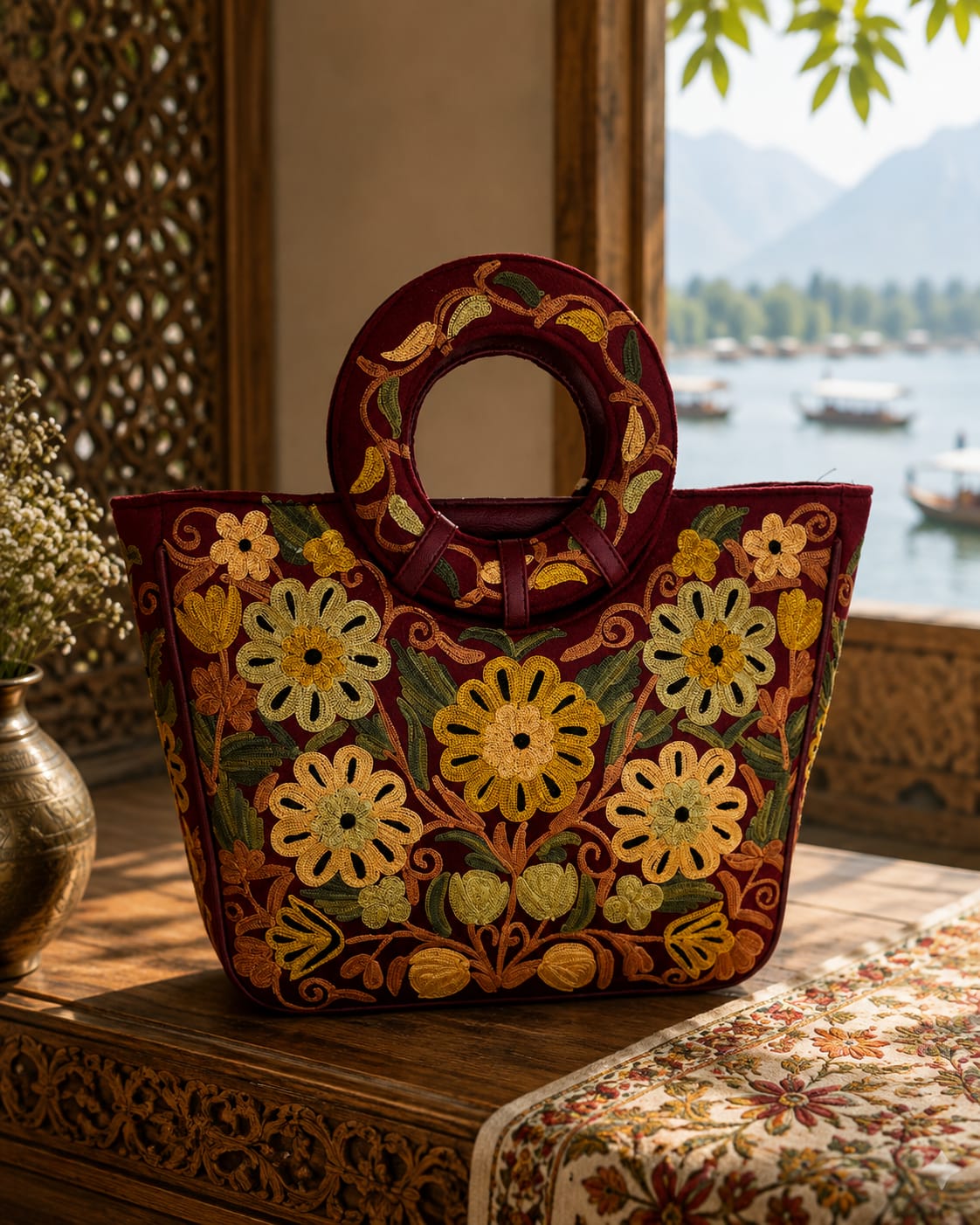 Kashmiri Floral Elegance Handbag | Maroon