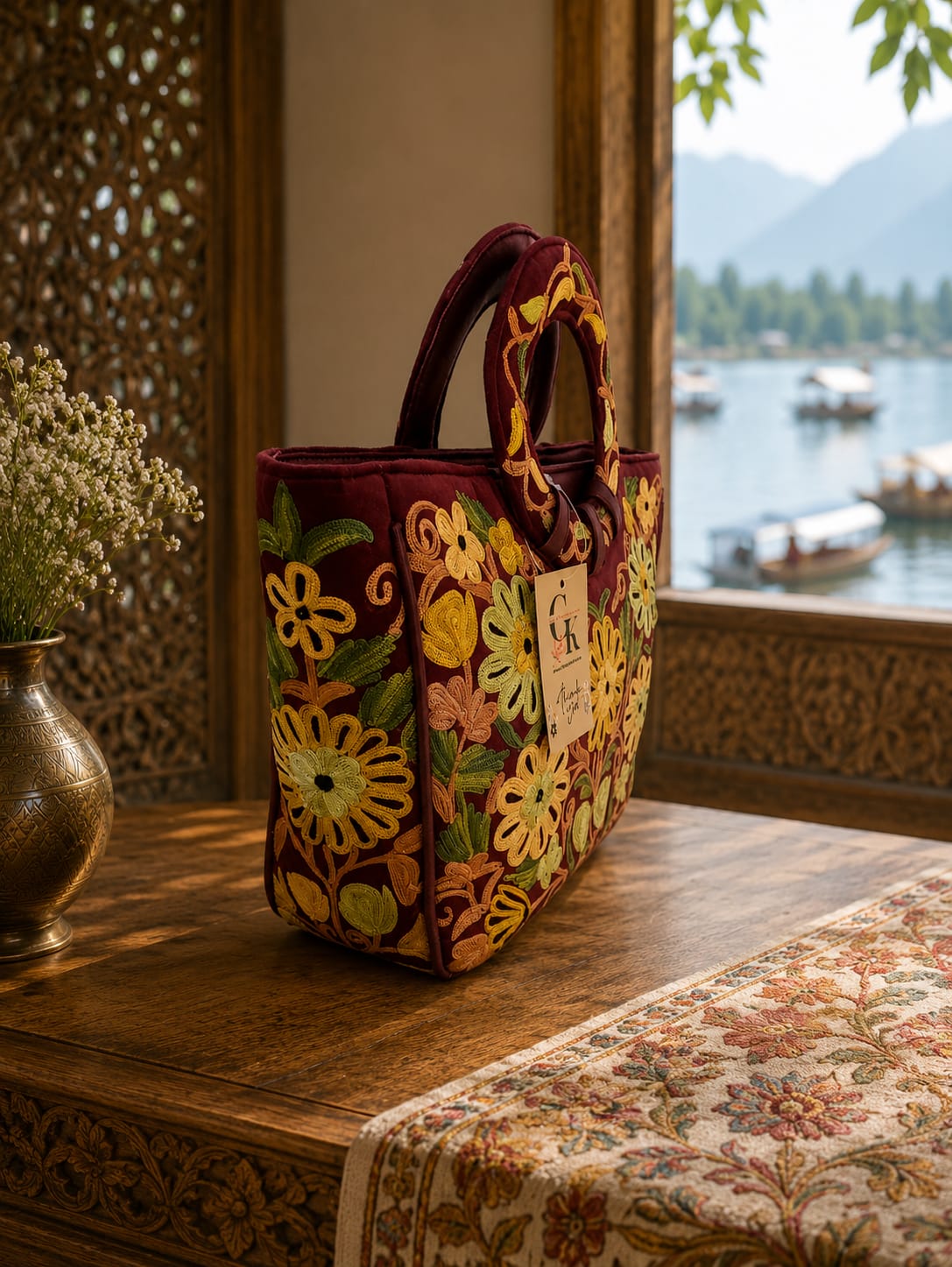 Kashmiri Floral Elegance Handbag | Maroon