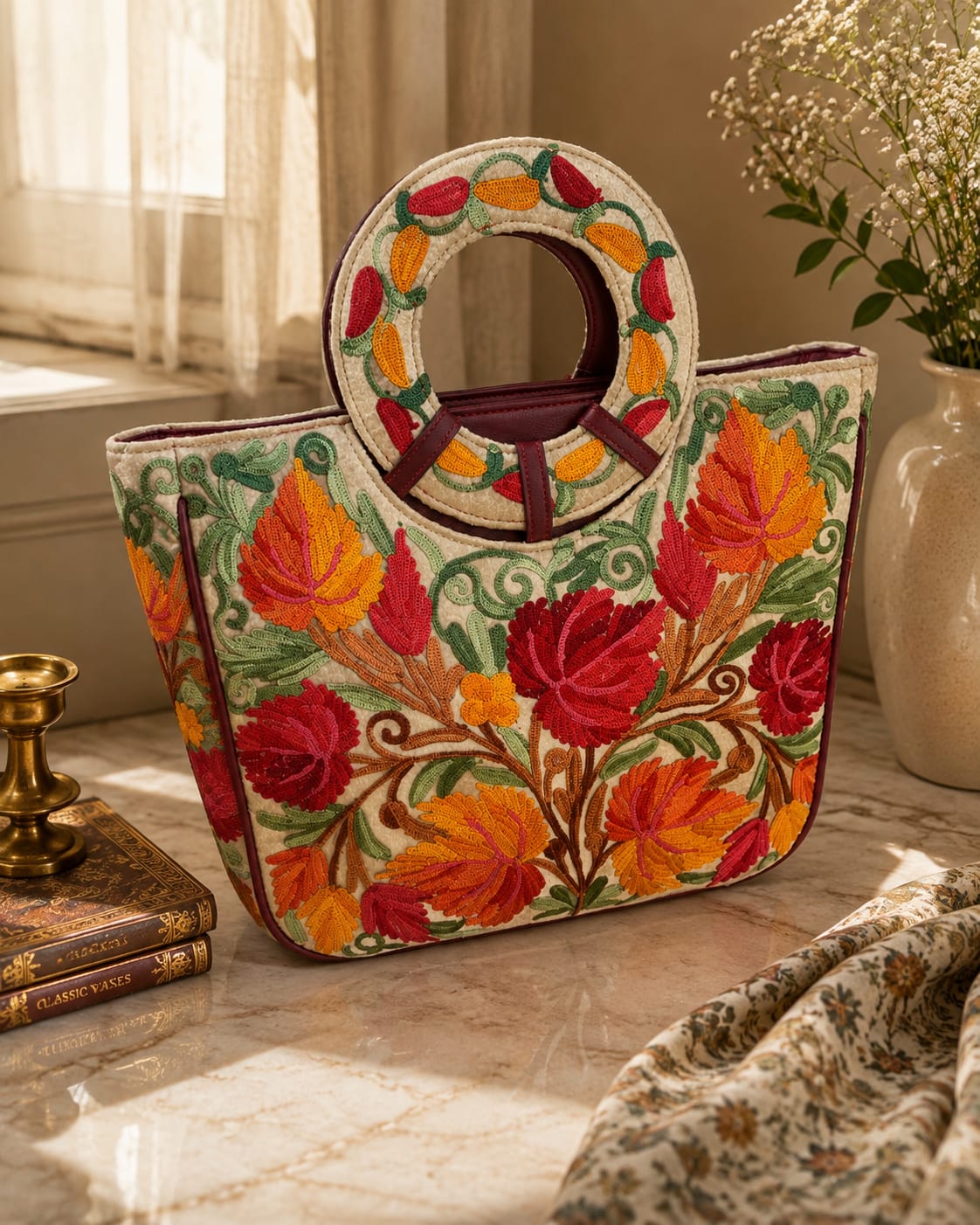 Kashmiri Floral Elegance Handbag | Ivory