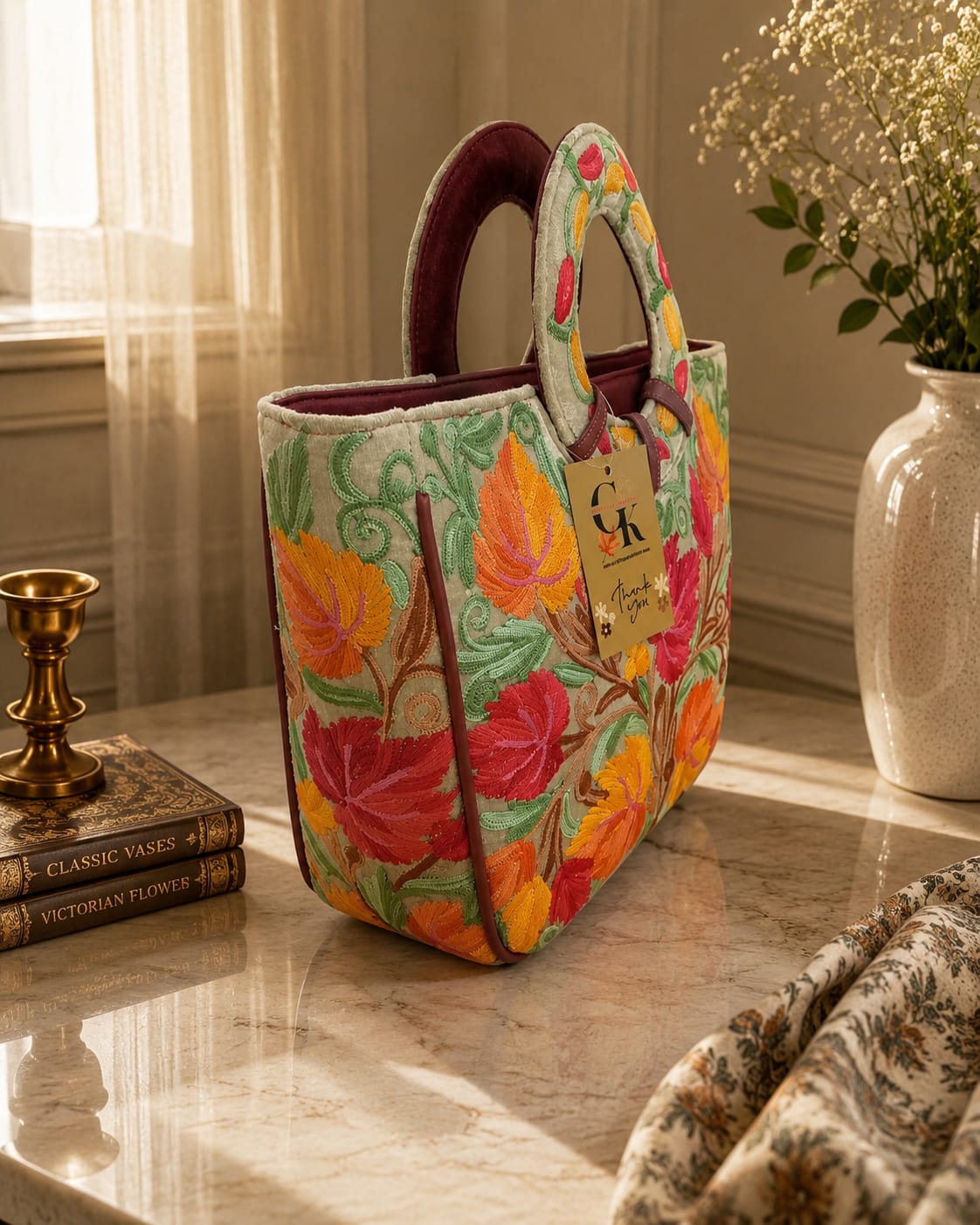 Kashmiri Floral Elegance Handbag | Ivory