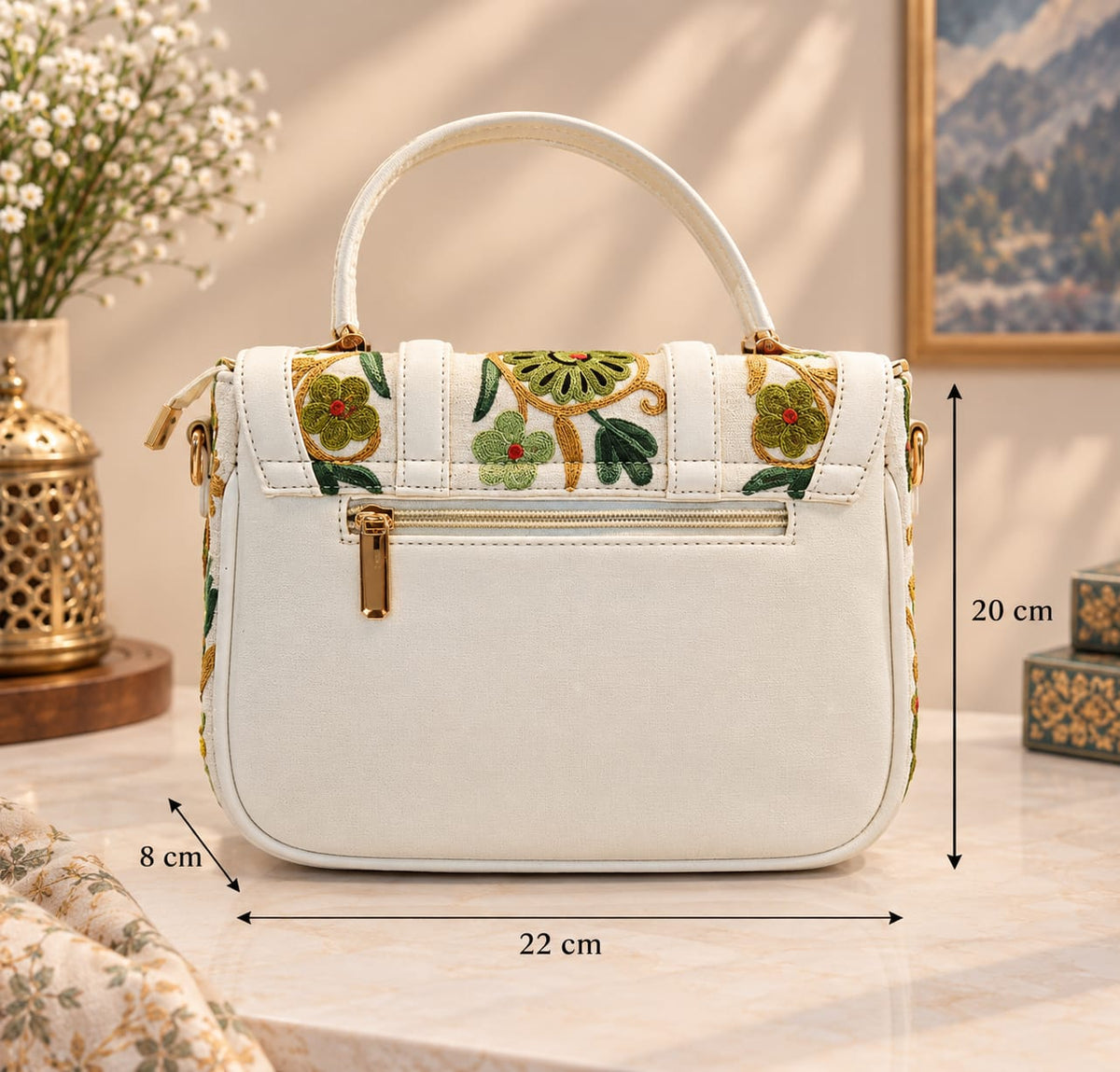Kashmiri Aari Embroidered Spacious Sling Handbag | White