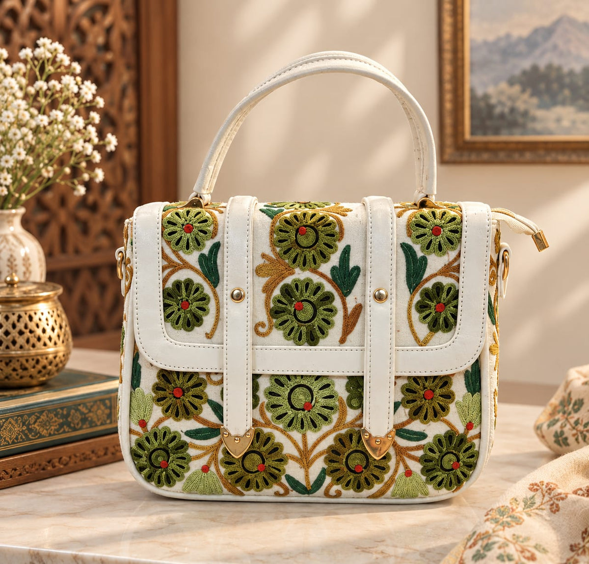 Kashmiri Aari Embroidered Spacious Sling Handbag | White