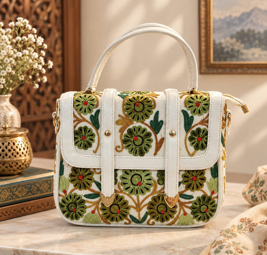 Kashmiri Aari Embroidered Spacious Sling Handbag | White