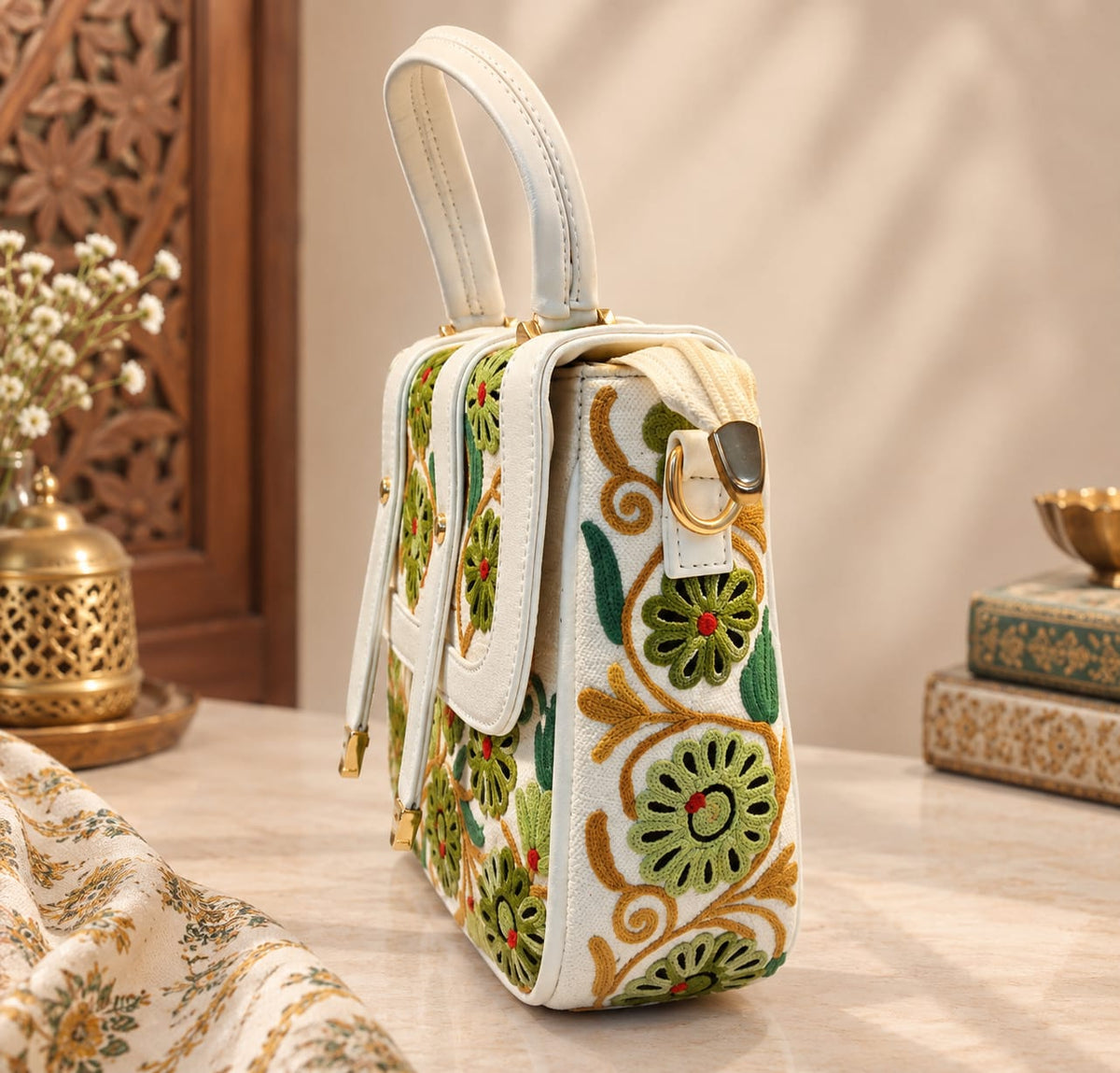 Kashmiri Aari Embroidered Spacious Sling Handbag | White