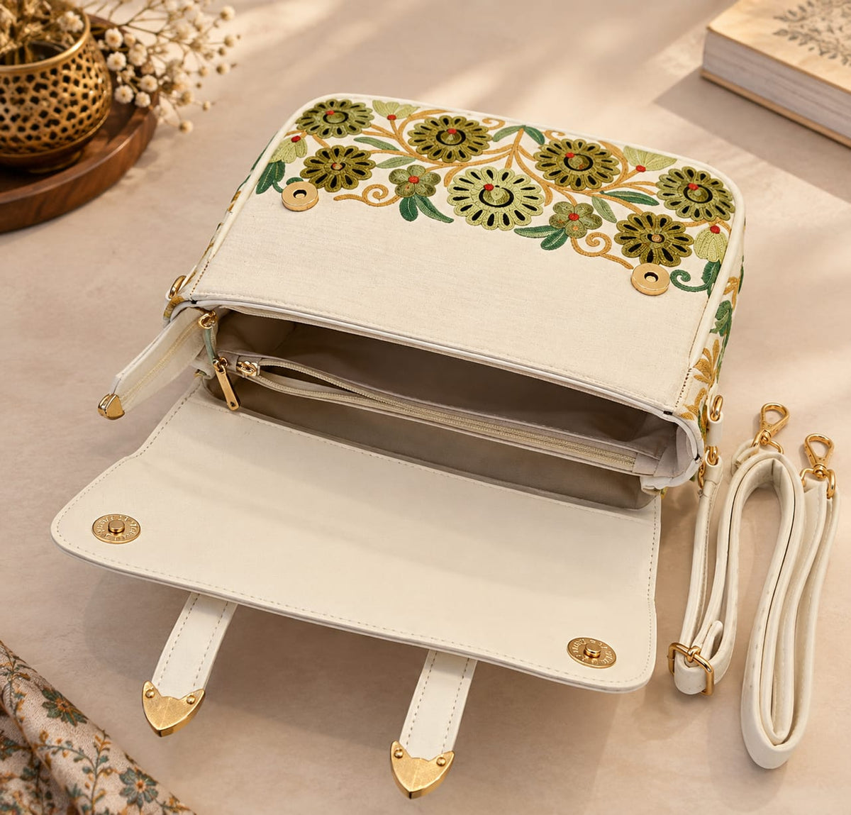 Kashmiri Aari Embroidered Spacious Sling Handbag | White