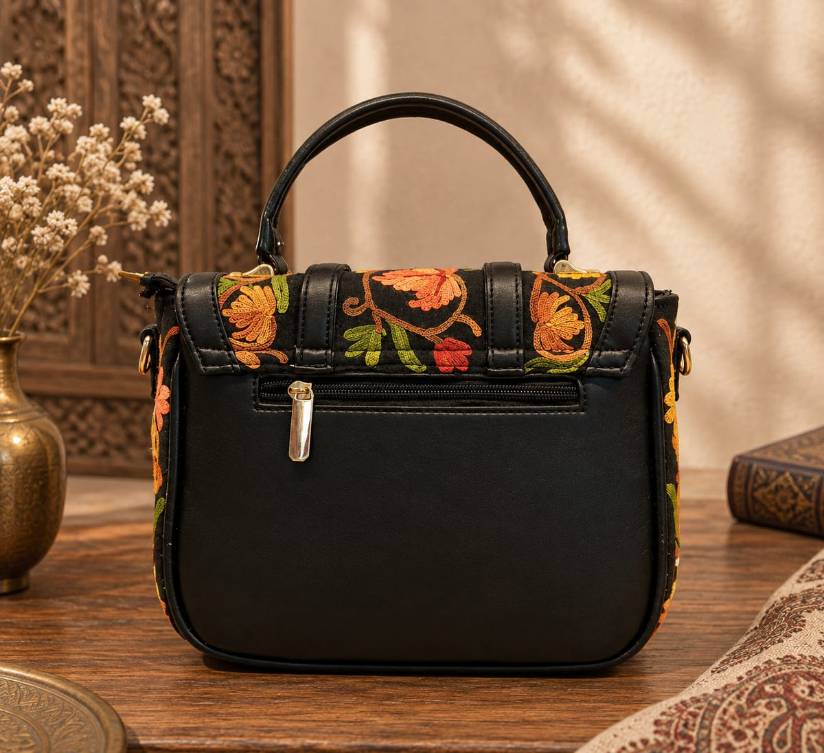 Kashmiri Aari Embroidered Spacious Sling Handbag | Black