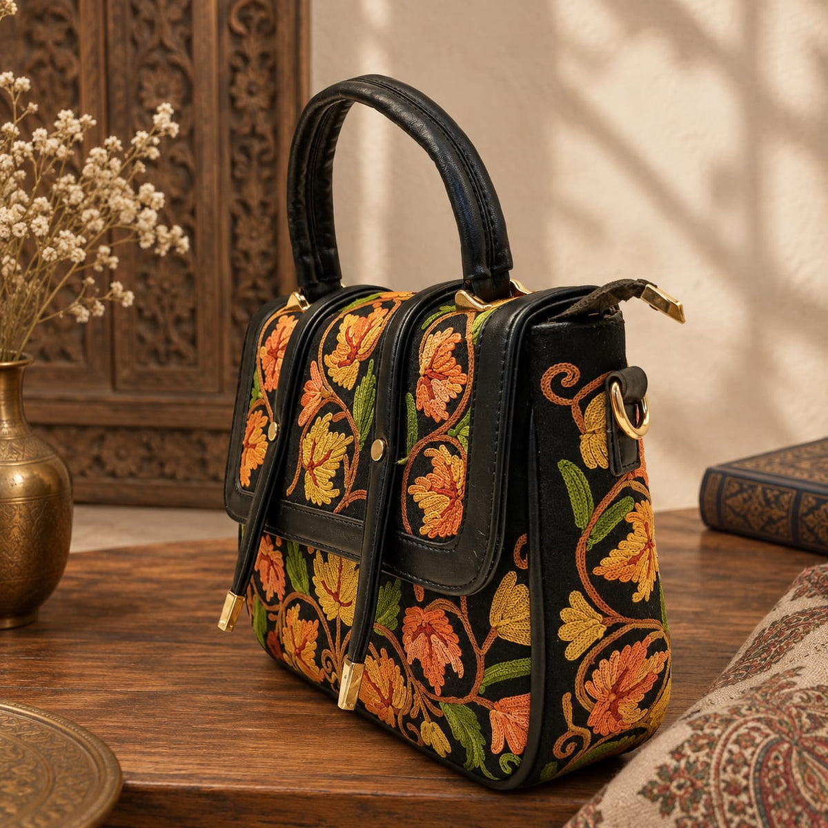 Kashmiri Aari Embroidered Spacious Sling Handbag | Black