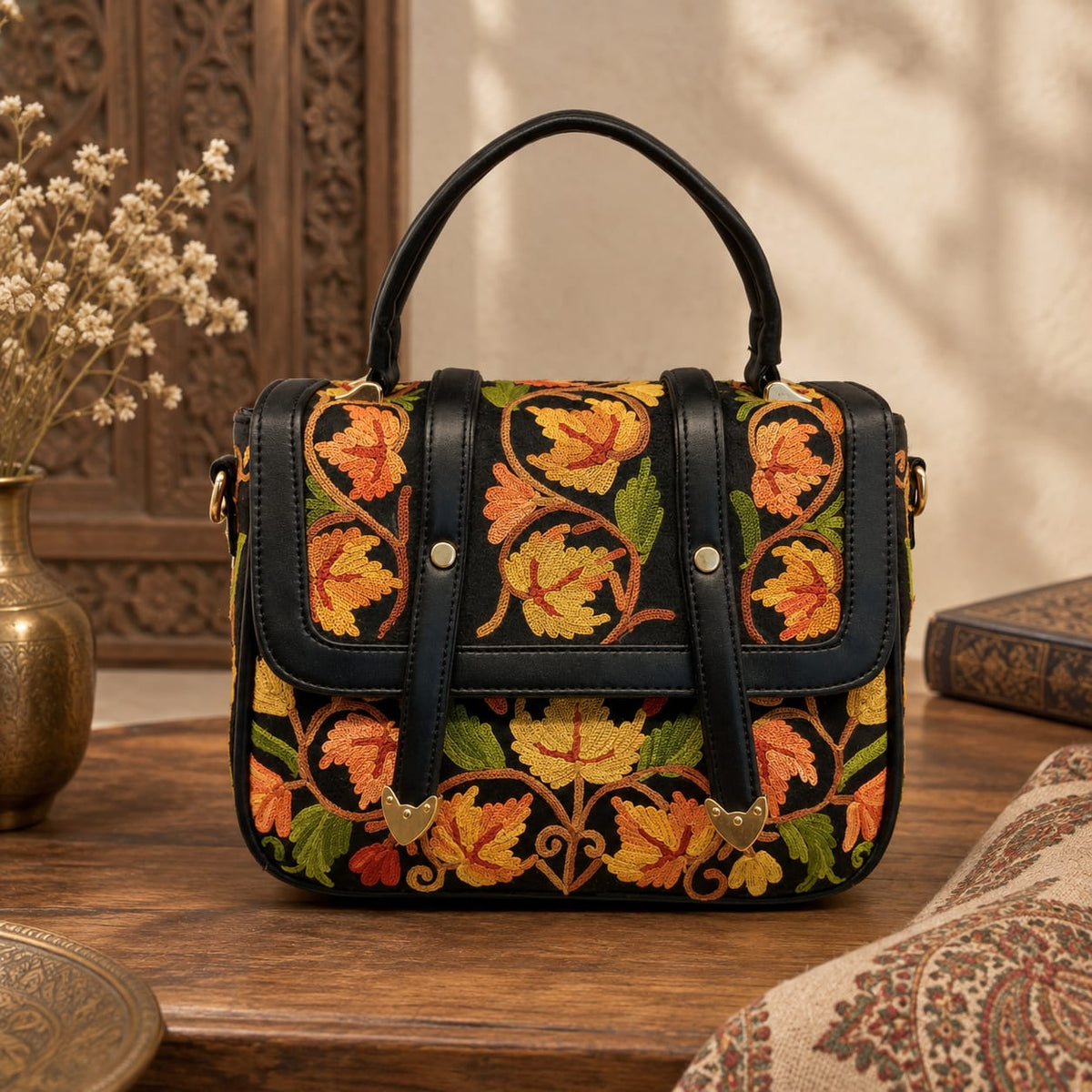 Kashmiri Aari Embroidered Spacious Sling Handbag | Black