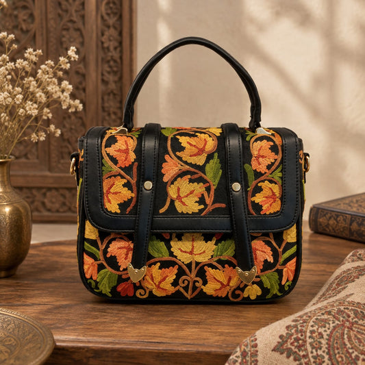 Kashmiri Aari Embroidered Spacious Sling Handbag | Black