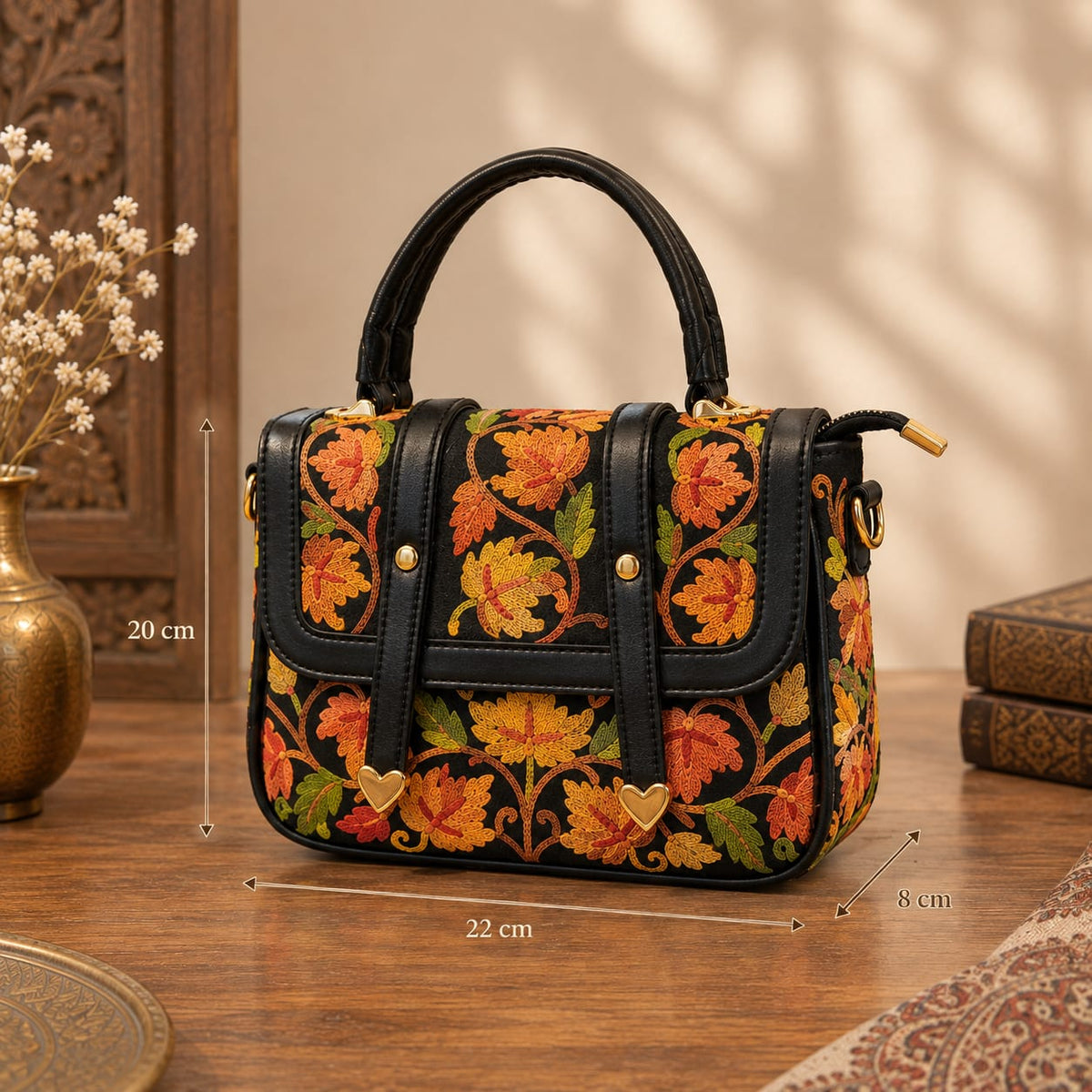 Kashmiri Aari Embroidered Spacious Sling Handbag | Black