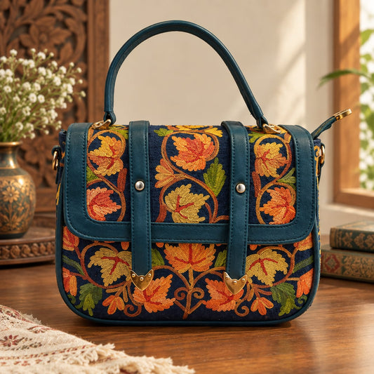 Kashmiri Aari Embroidered Spacious Sling Handbag | Dark Teal Blue