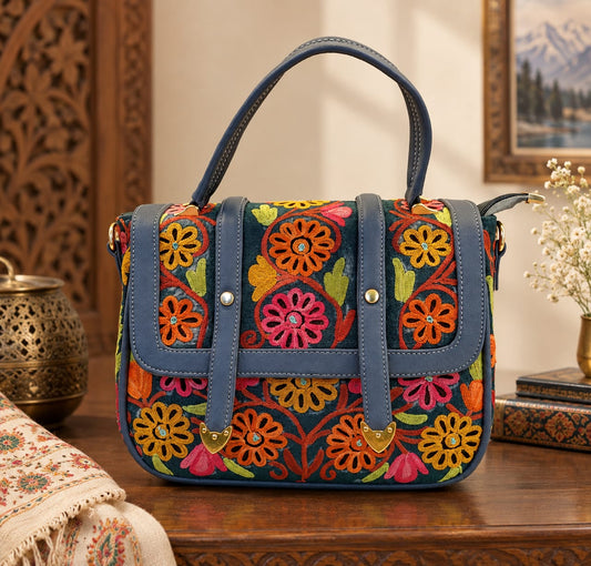 Kashmiri Aari Embroidered Spacious Sling Handbag | Denim Blue