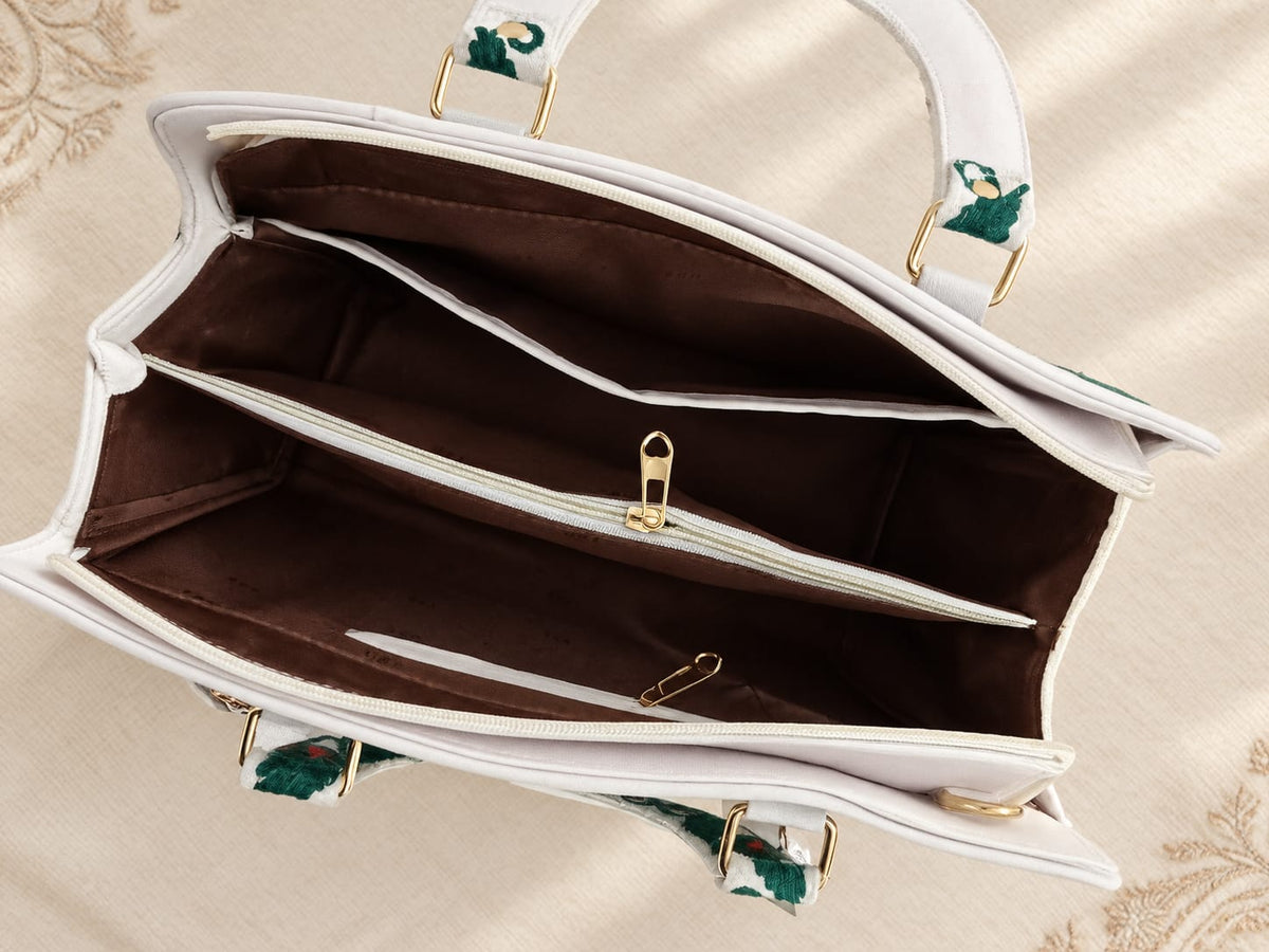 Kashmiri Embroidered structured HandBag | White