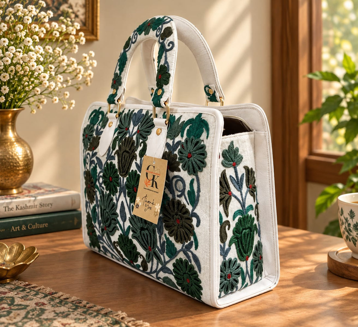 Kashmiri Embroidered structured HandBag | White