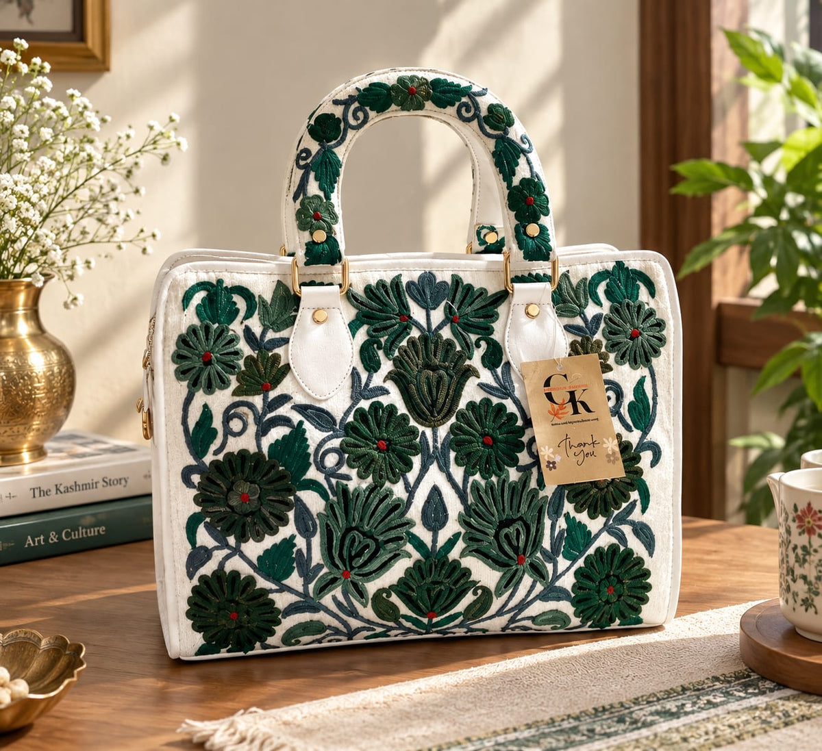 Kashmiri Embroidered structured HandBag | White