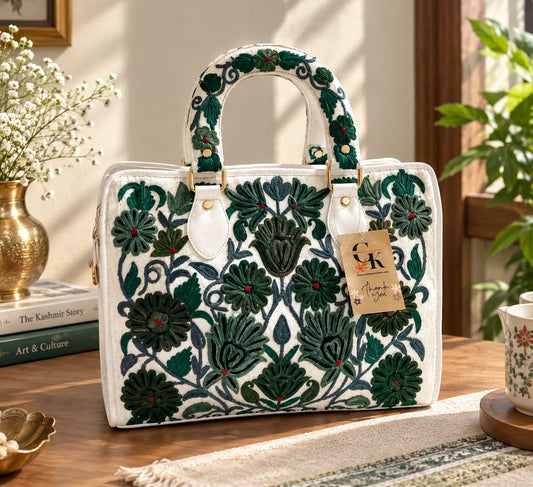 Kashmiri Embroidered structured HandBag | White