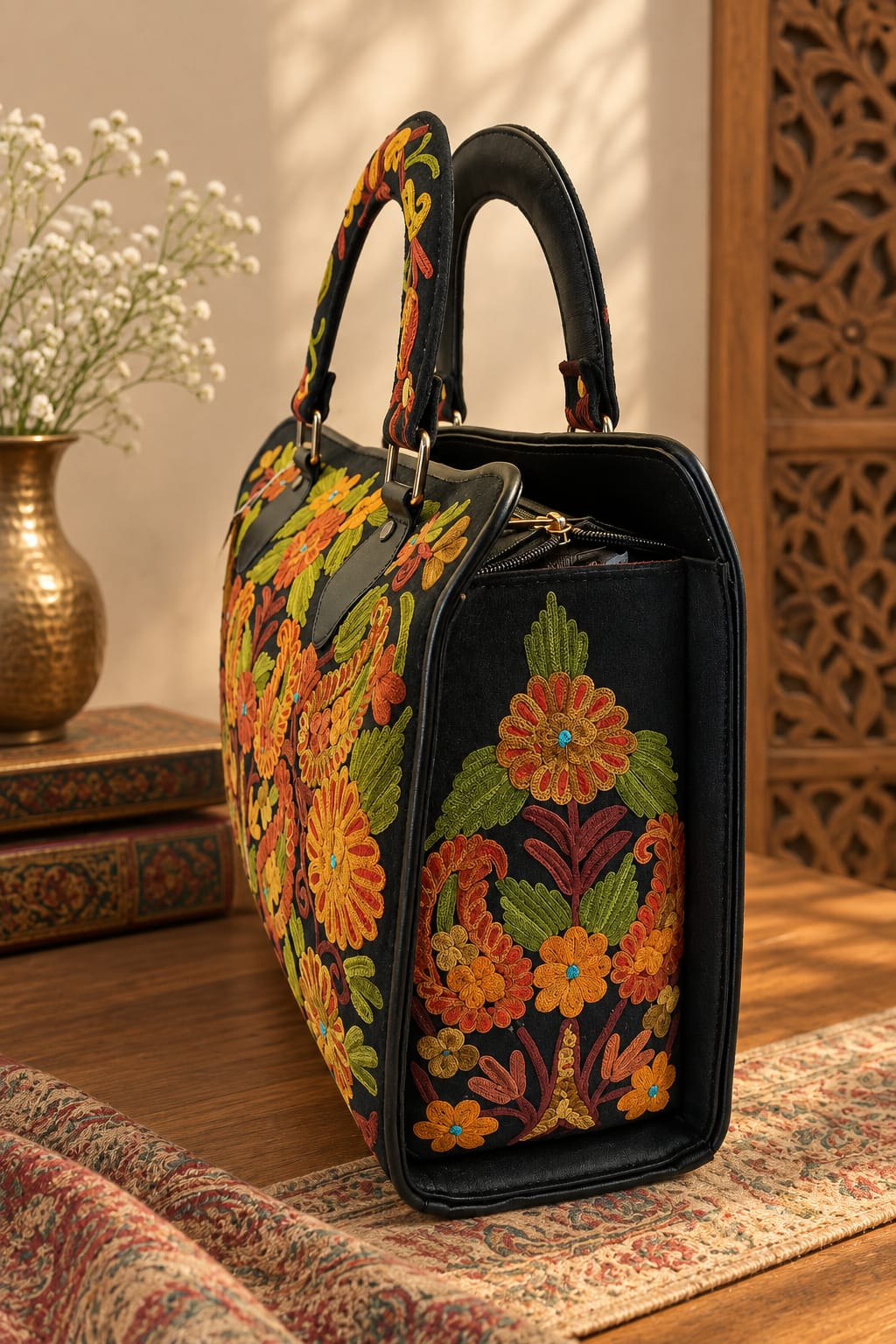 Kashmiri Embroidered structured HandBag | Black