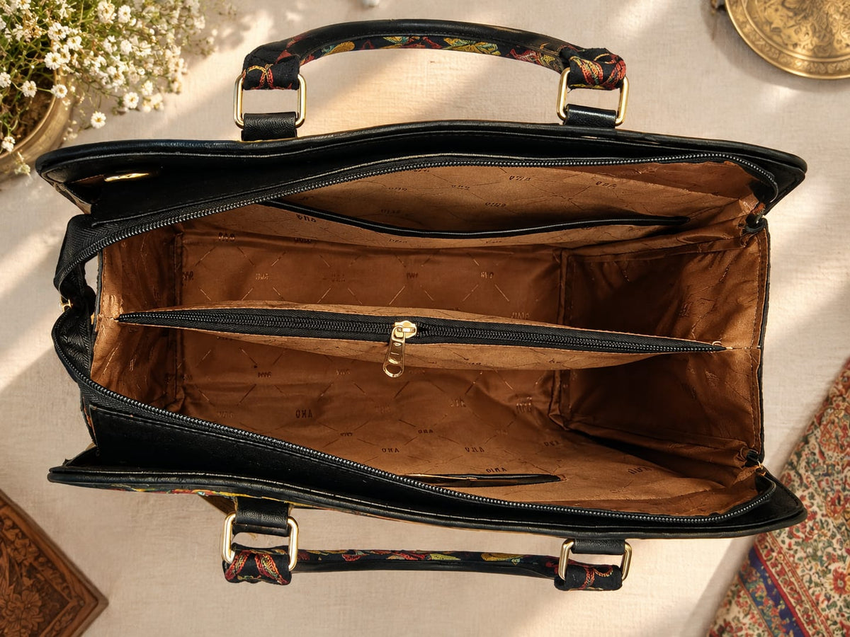 Kashmiri Embroidered structured HandBag | Black