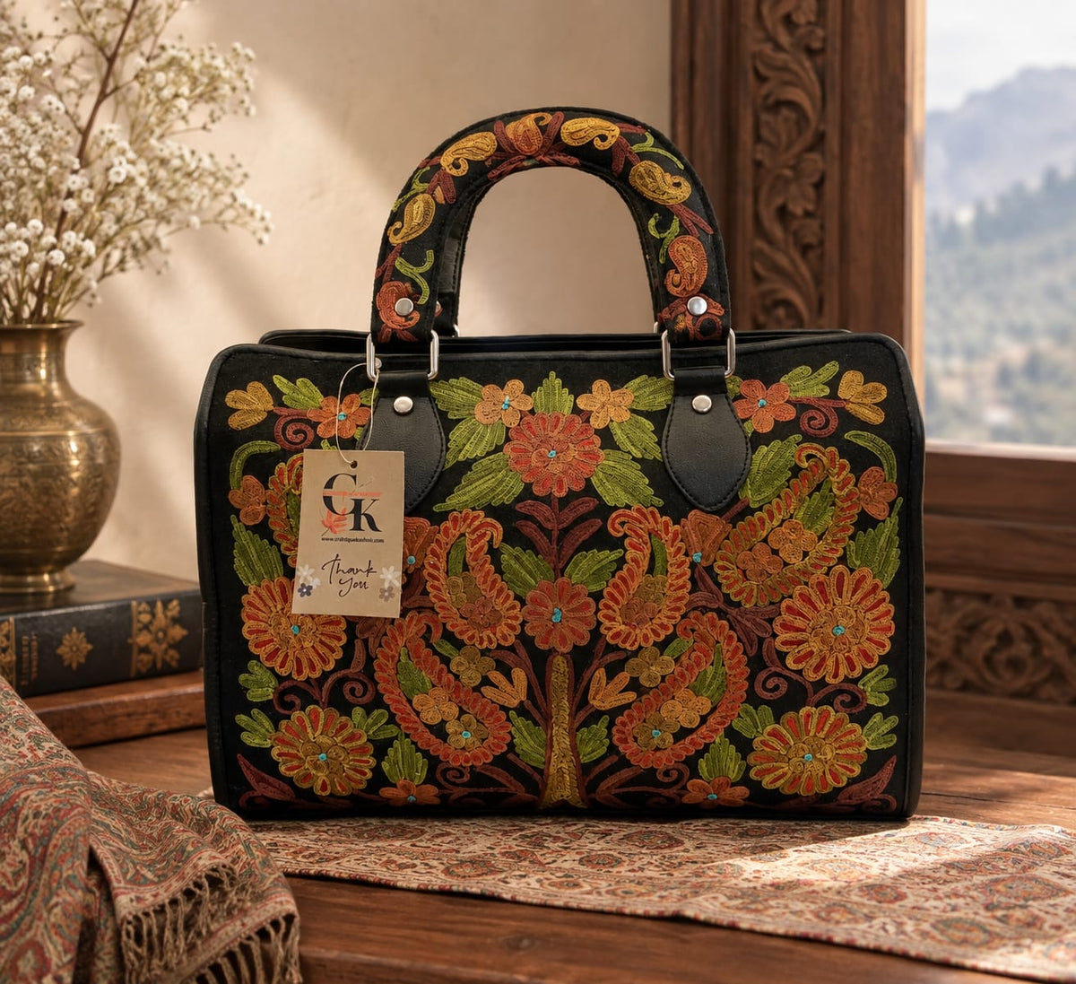 Kashmiri Embroidered structured HandBag | Black
