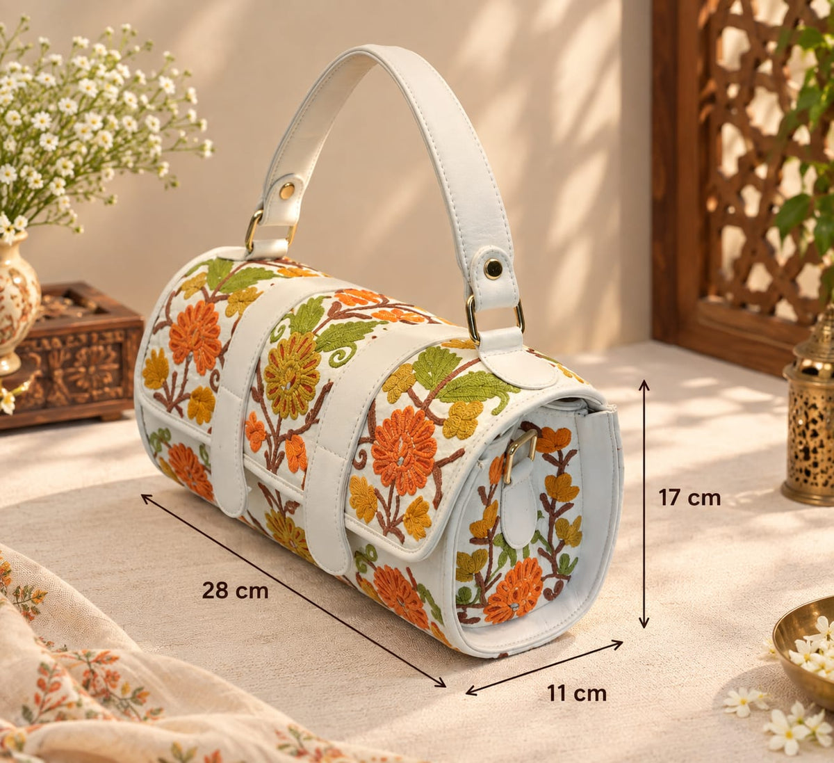 Kashmiri Floral Embroidered Duffel Handbag | White