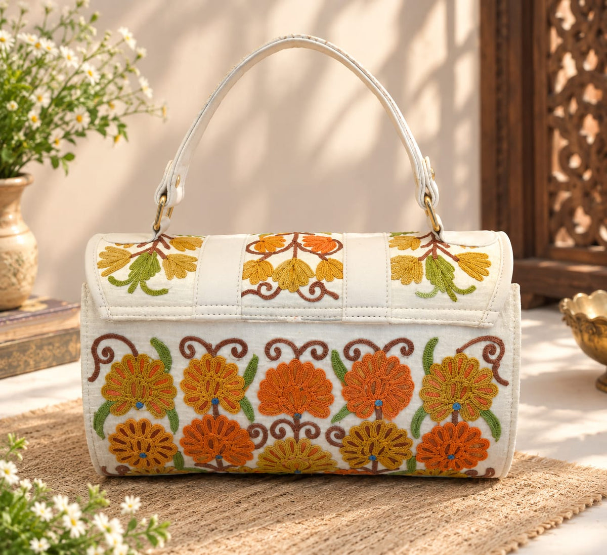 Kashmiri Floral Embroidered Duffel Handbag | White