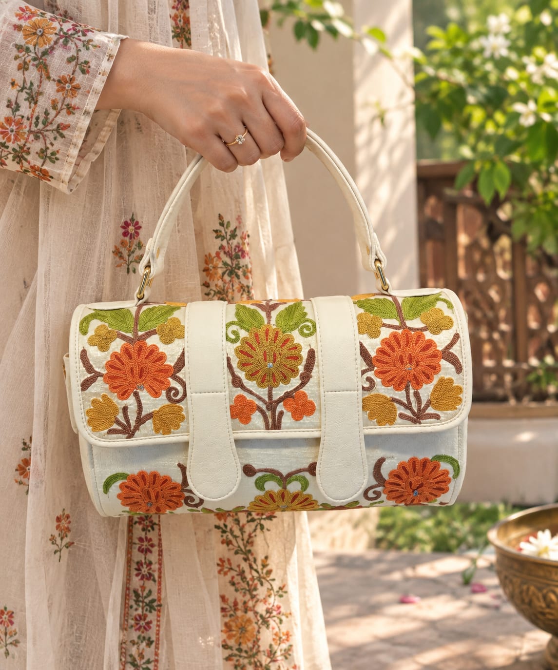 Kashmiri Floral Embroidered Duffel Handbag | White
