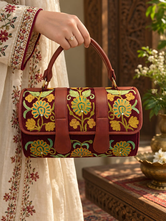 Kashmiri Floral Embroidered Duffel Handbag | Wine Red