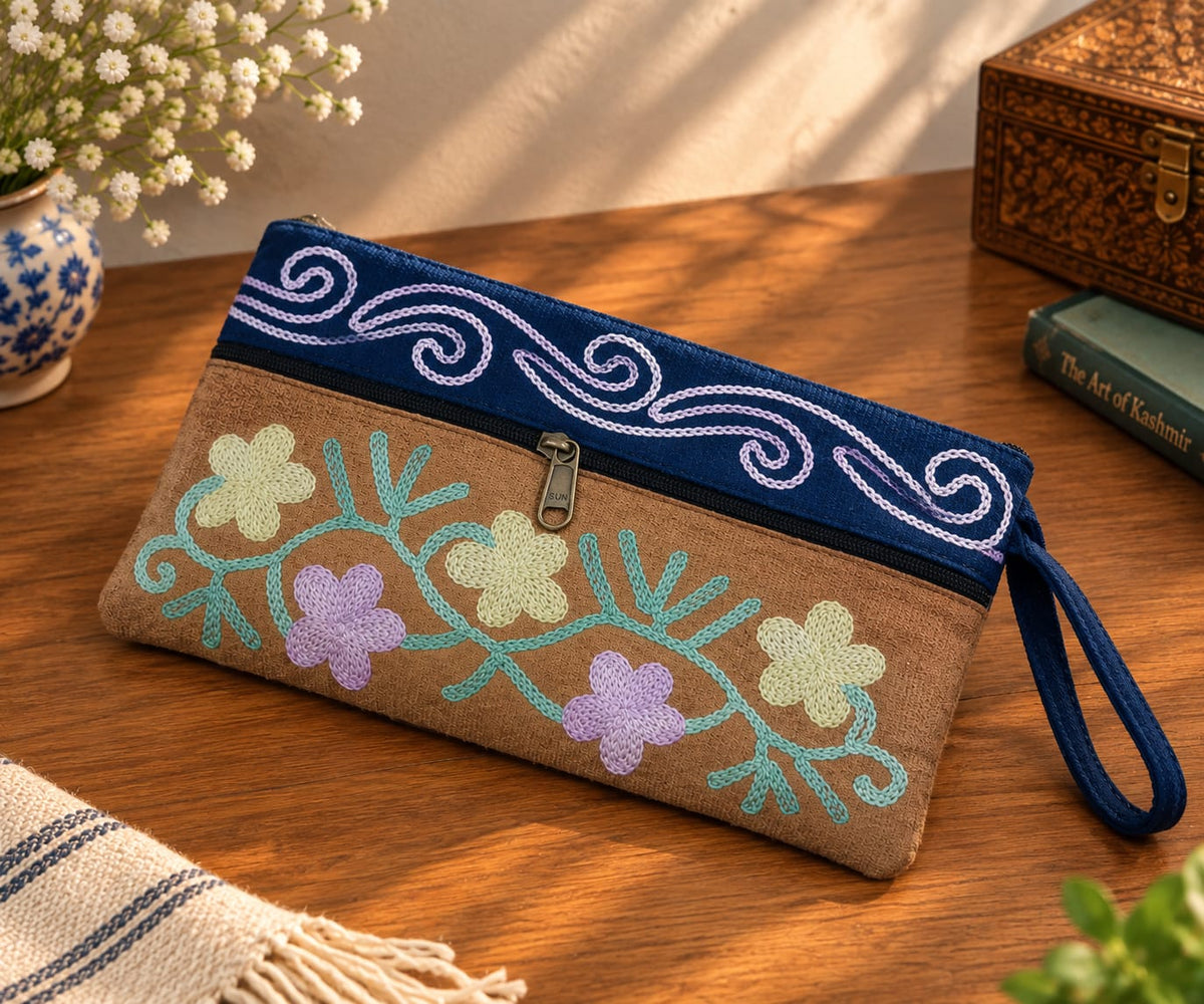 Elegant Velvet Kashmiri Embroidered Utility Pouch / Wristlet |  Biscuit & Midnight Blue