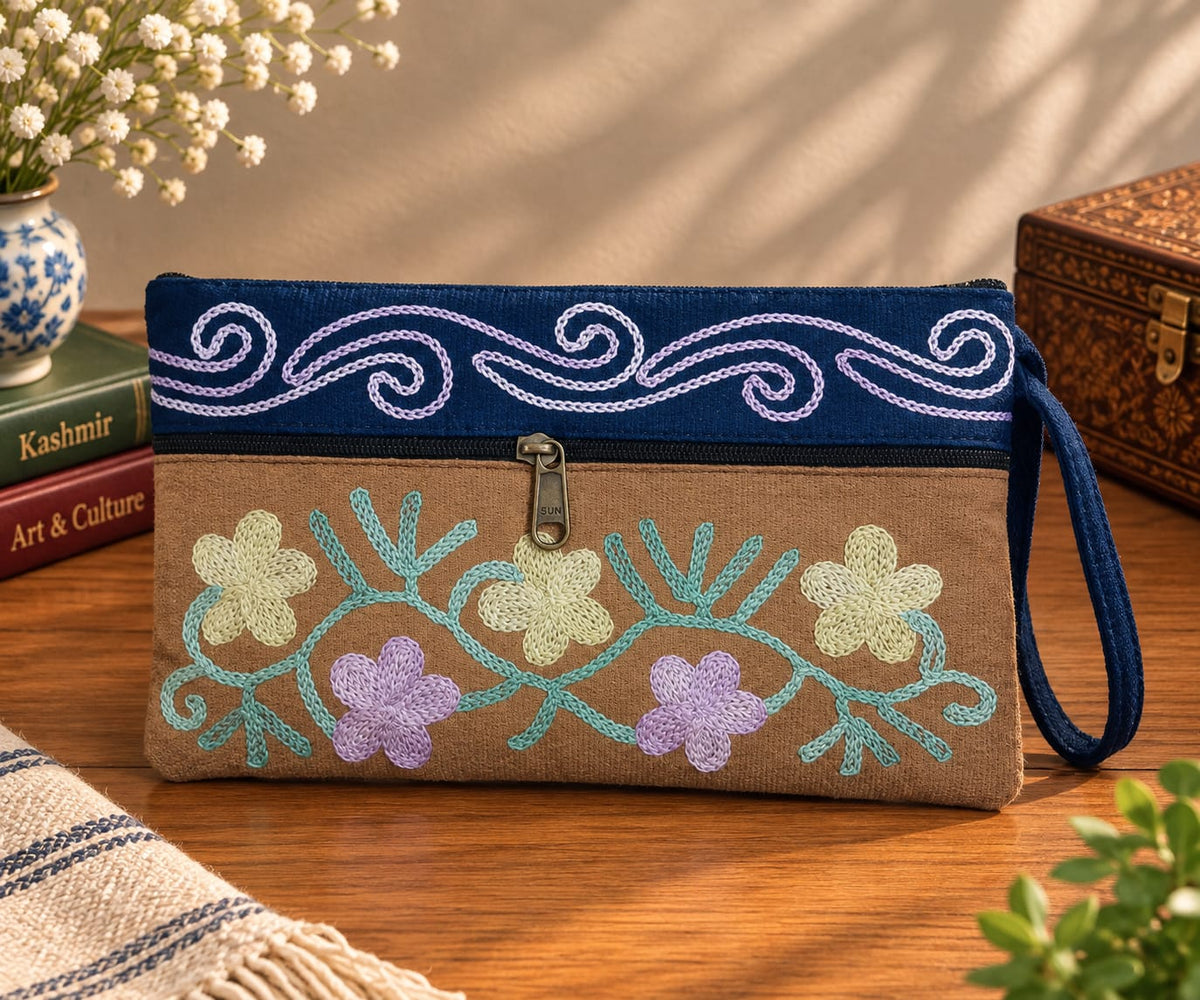 Elegant Velvet Kashmiri Embroidered Utility Pouch / Wristlet |  Biscuit & Midnight Blue