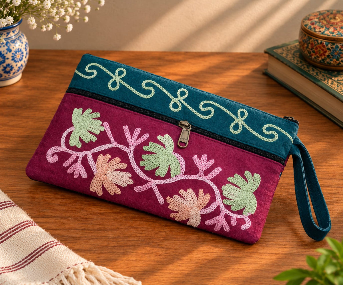 Elegant Velvet Kashmiri Embroidered Utility Pouch / Wristlet | Wine Pink & Deep Teal