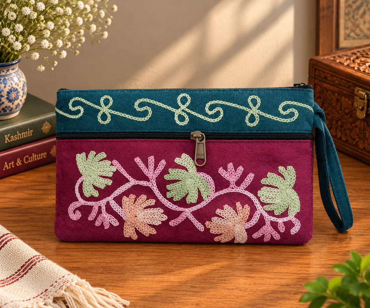 Elegant Velvet Kashmiri Embroidered Utility Pouch / Wristlet | Wine Pink & Deep Teal