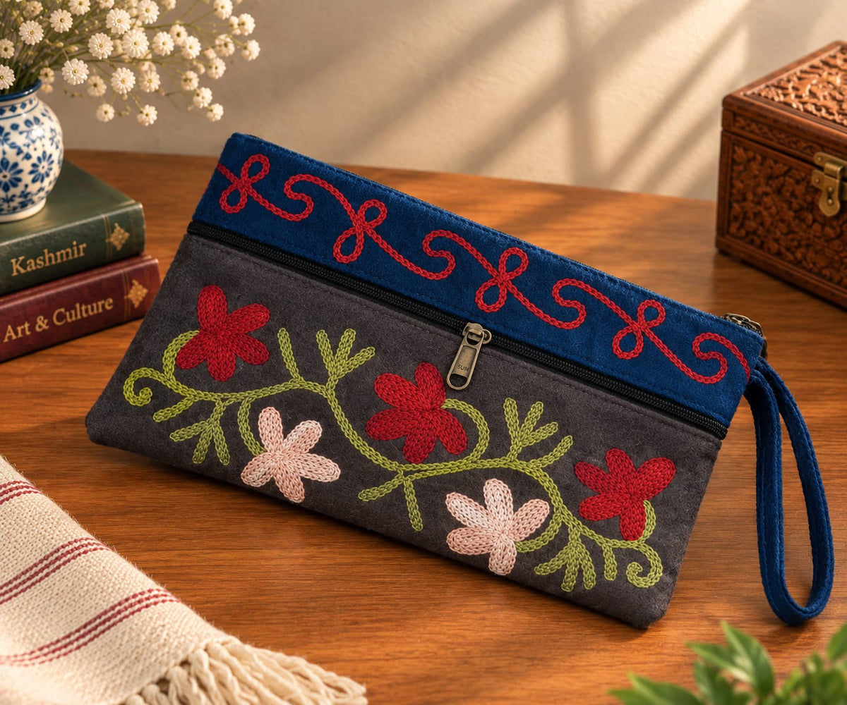 Elegant Velvet Kashmiri Embroidered Utility Pouch / Wristlet | Deep Chocolate & Midnight Blue
