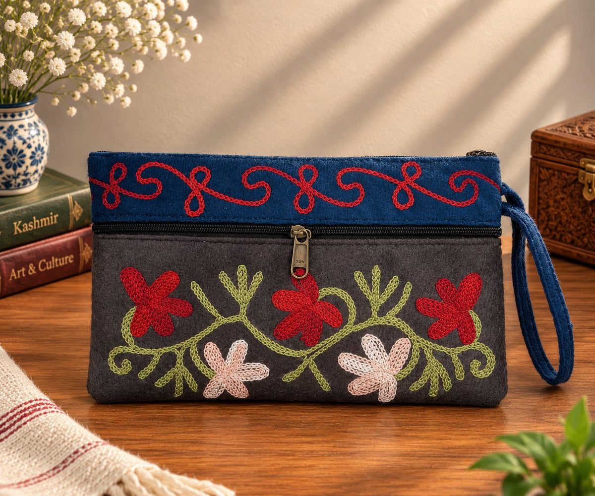 Elegant Velvet Kashmiri Embroidered Utility Pouch / Wristlet | Deep Chocolate & Midnight Blue