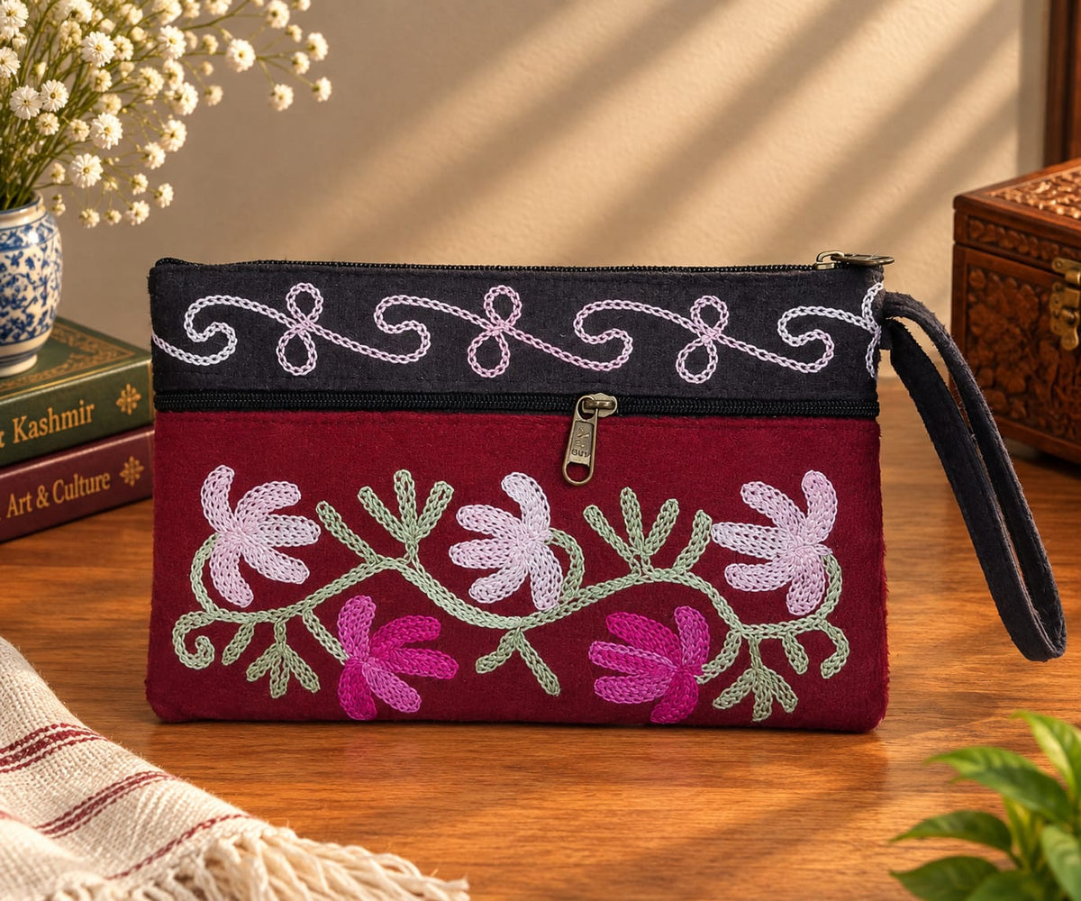 Elegant Velvet Kashmiri Embroidered Utility Pouch / Wristlet | Wine Red & Brown