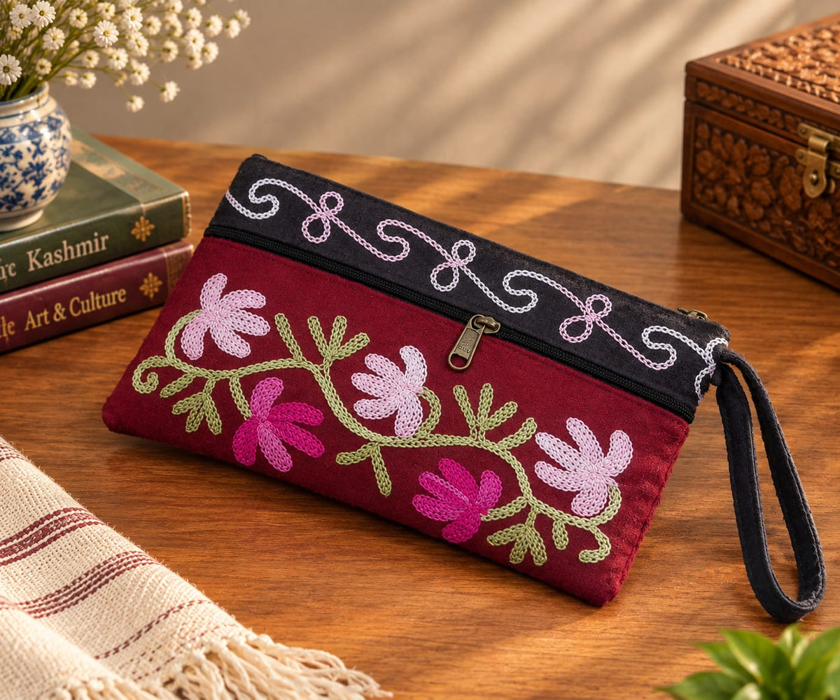 Elegant Velvet Kashmiri Embroidered Utility Pouch / Wristlet | Wine Red & Brown