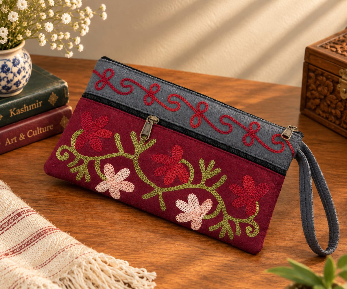Elegant Velvet Kashmiri Embroidered Utility Pouch / Wristlet |  Wine Red & Steel Grey