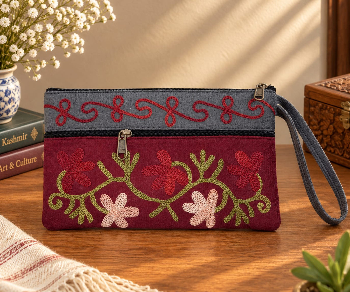 Elegant Velvet Kashmiri Embroidered Utility Pouch / Wristlet |  Wine Red & Steel Grey